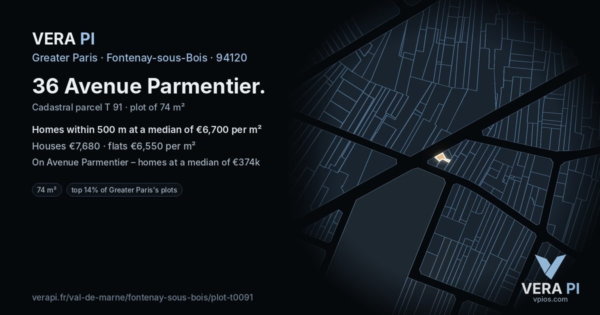 36 Avenue Parmentier, Fontenay-sous-Bois at night – the plot lit, the parcels around coloured by the prices near them