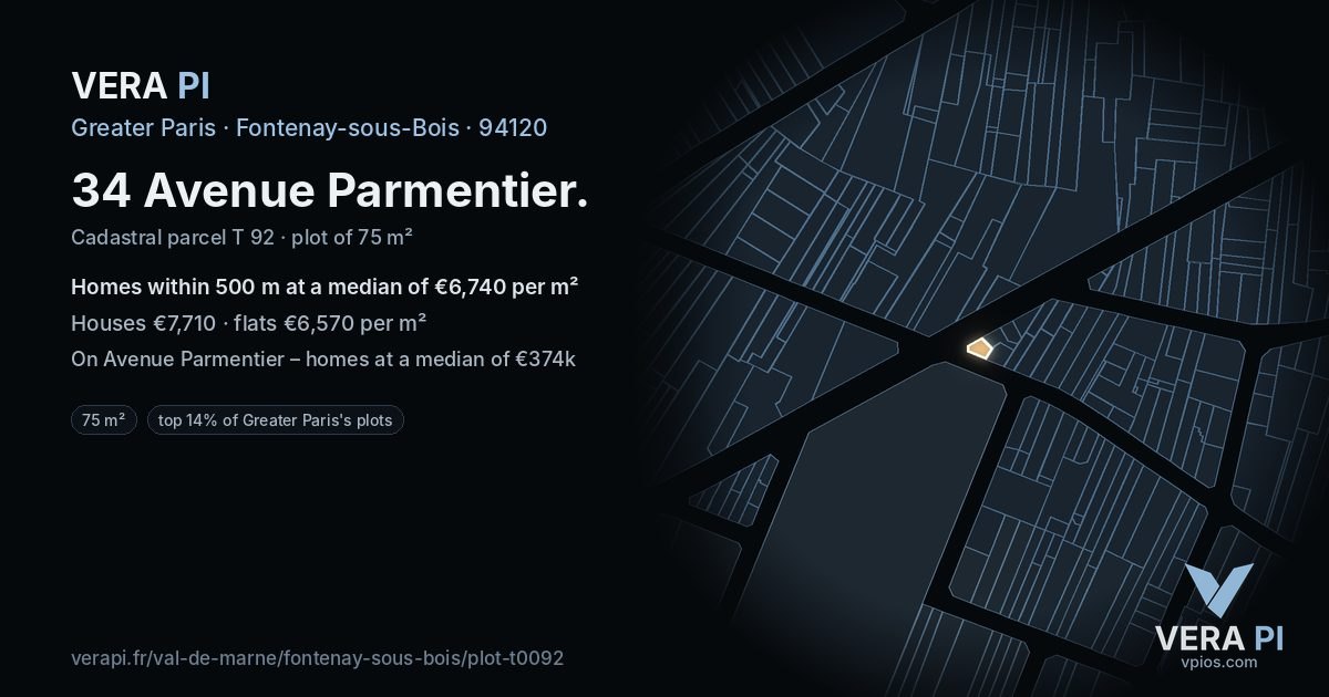 34 Avenue Parmentier, Fontenay-sous-Bois at night – the plot lit, the parcels around coloured by the prices near them