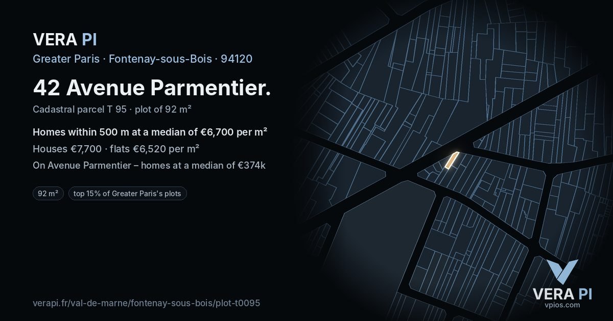 42 Avenue Parmentier, Fontenay-sous-Bois at night – the plot lit, the parcels around coloured by the prices near them