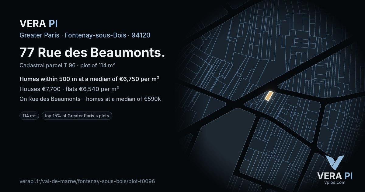 77 Rue des Beaumonts, Fontenay-sous-Bois at night – the plot lit, the parcels around coloured by the prices near them