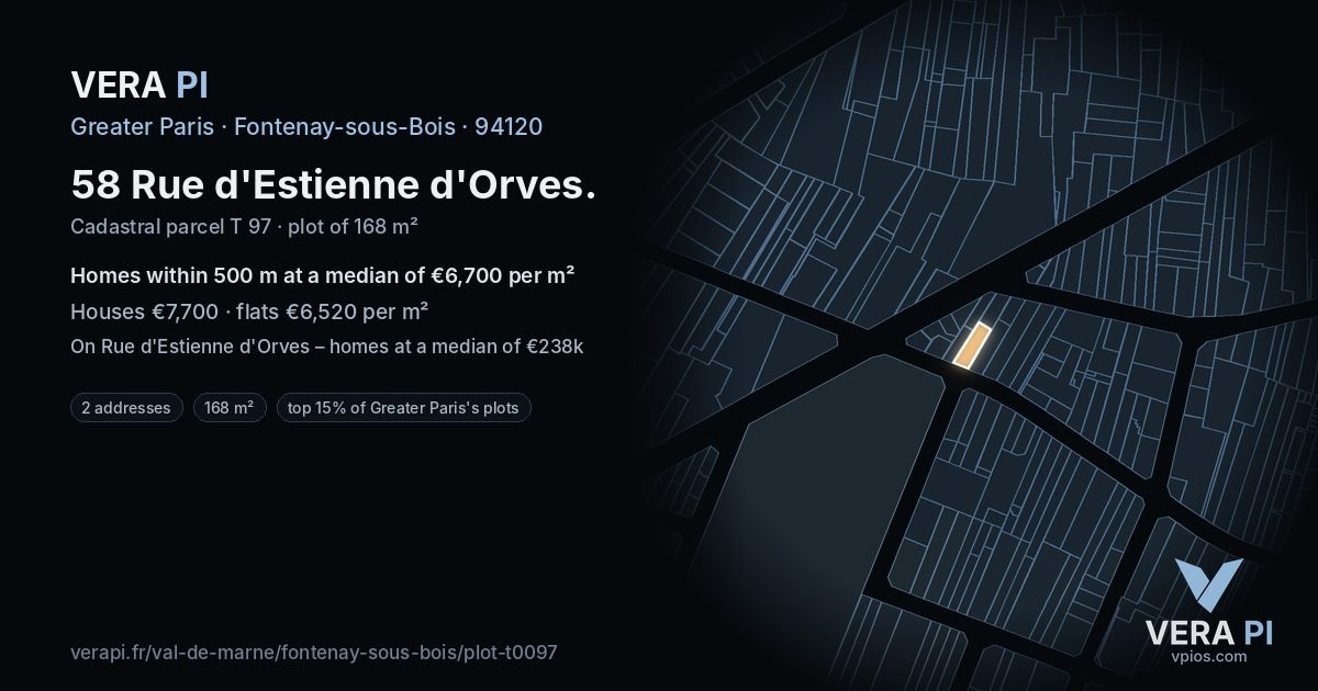 58 Rue d'Estienne d'Orves, Fontenay-sous-Bois at night – the plot lit, the parcels around coloured by the prices near them