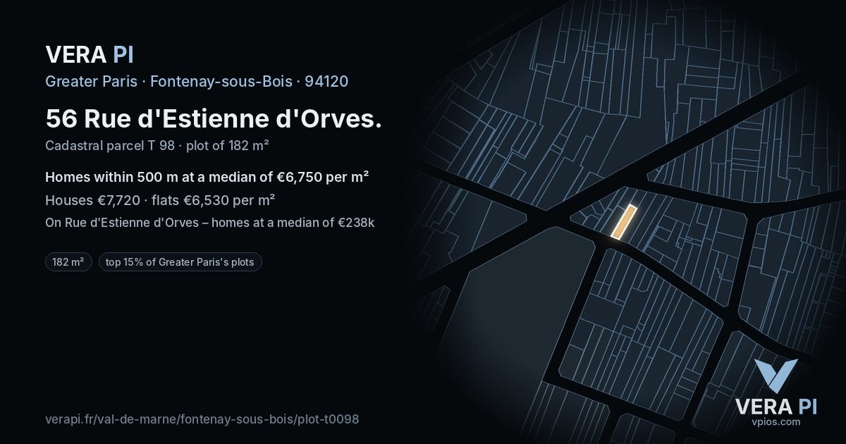 56 Rue d'Estienne d'Orves, Fontenay-sous-Bois at night – the plot lit, the parcels around coloured by the prices near them
