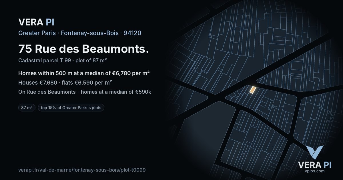 75 Rue des Beaumonts, Fontenay-sous-Bois at night – the plot lit, the parcels around coloured by the prices near them