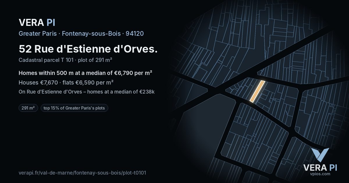 52 Rue d'Estienne d'Orves, Fontenay-sous-Bois at night – the plot lit, the parcels around coloured by the prices near them