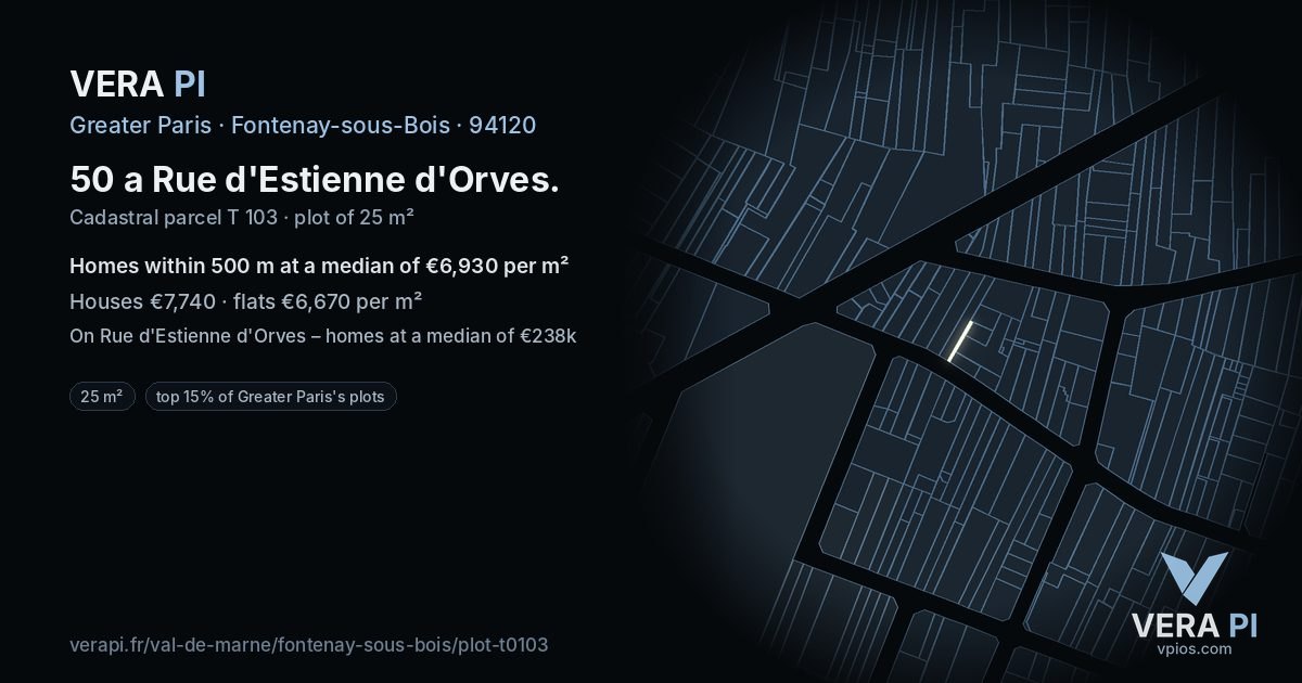 50 a Rue d'Estienne d'Orves, Fontenay-sous-Bois at night – the plot lit, the parcels around coloured by the prices near them