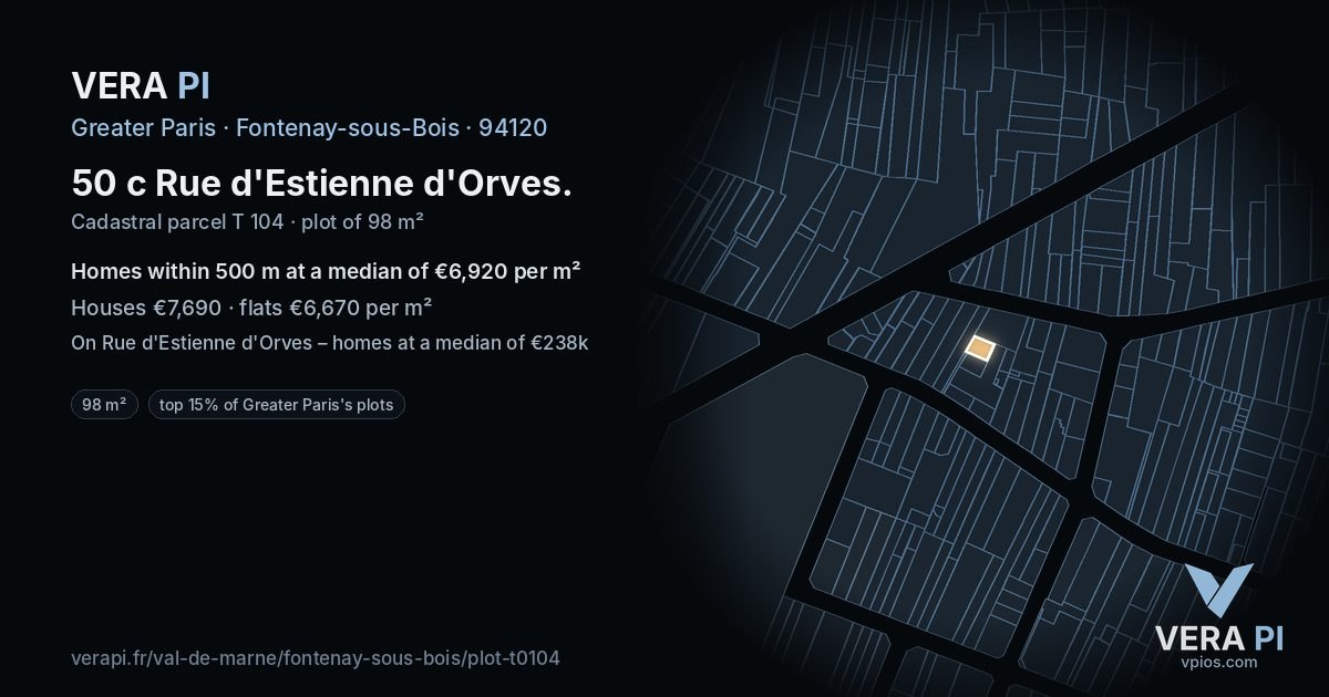 50 c Rue d'Estienne d'Orves, Fontenay-sous-Bois at night – the plot lit, the parcels around coloured by the prices near them