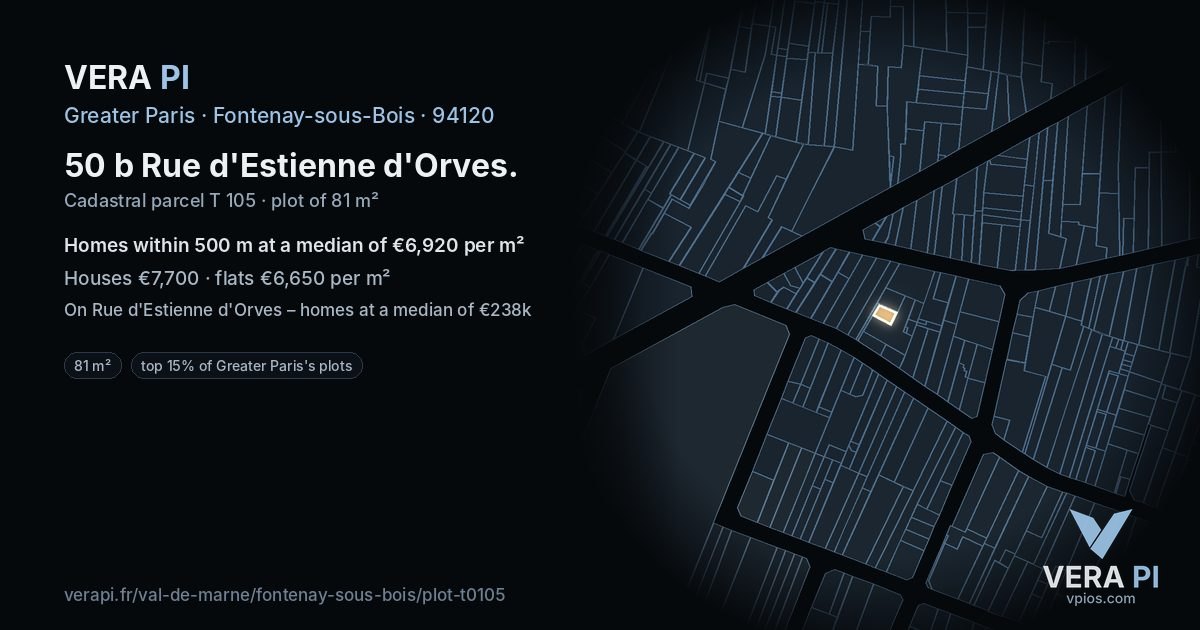 50 b Rue d'Estienne d'Orves, Fontenay-sous-Bois at night – the plot lit, the parcels around coloured by the prices near them