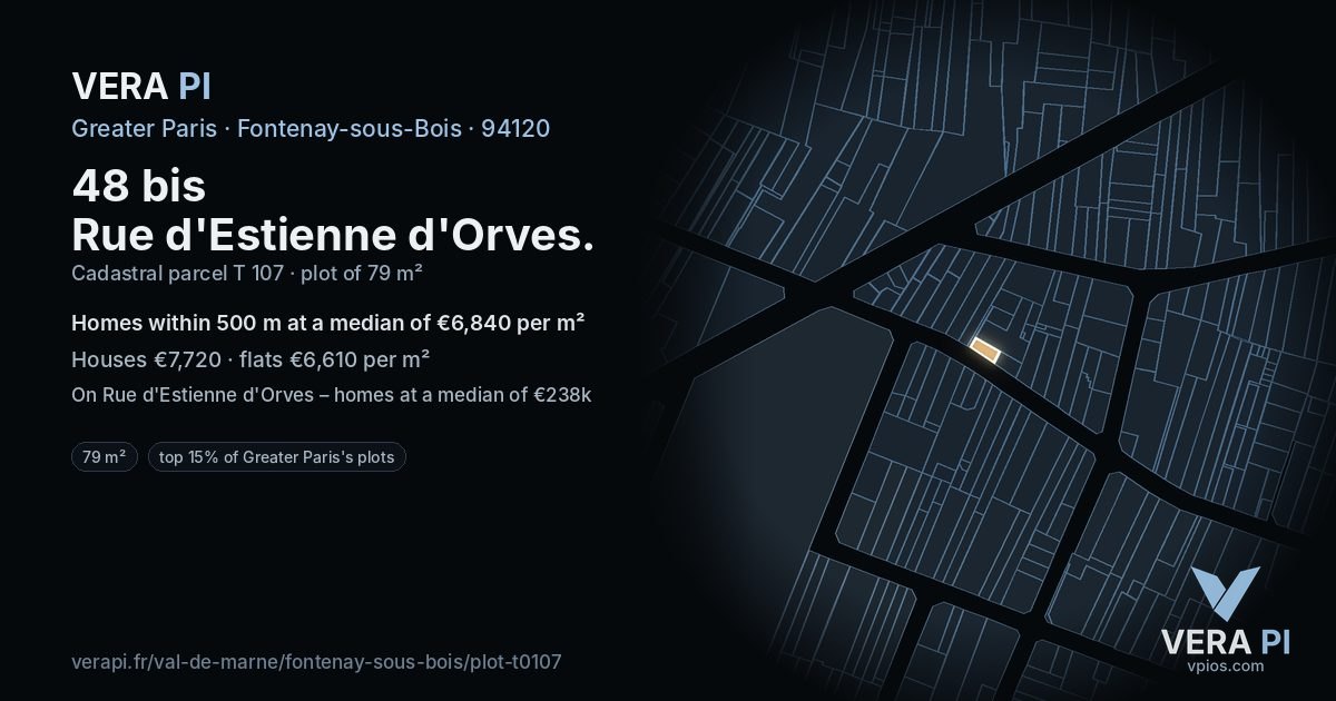 48 bis Rue d'Estienne d'Orves, Fontenay-sous-Bois at night – the plot lit, the parcels around coloured by the prices near them