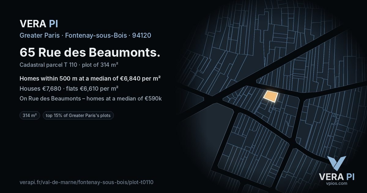 65 Rue des Beaumonts, Fontenay-sous-Bois at night – the plot lit, the parcels around coloured by the prices near them