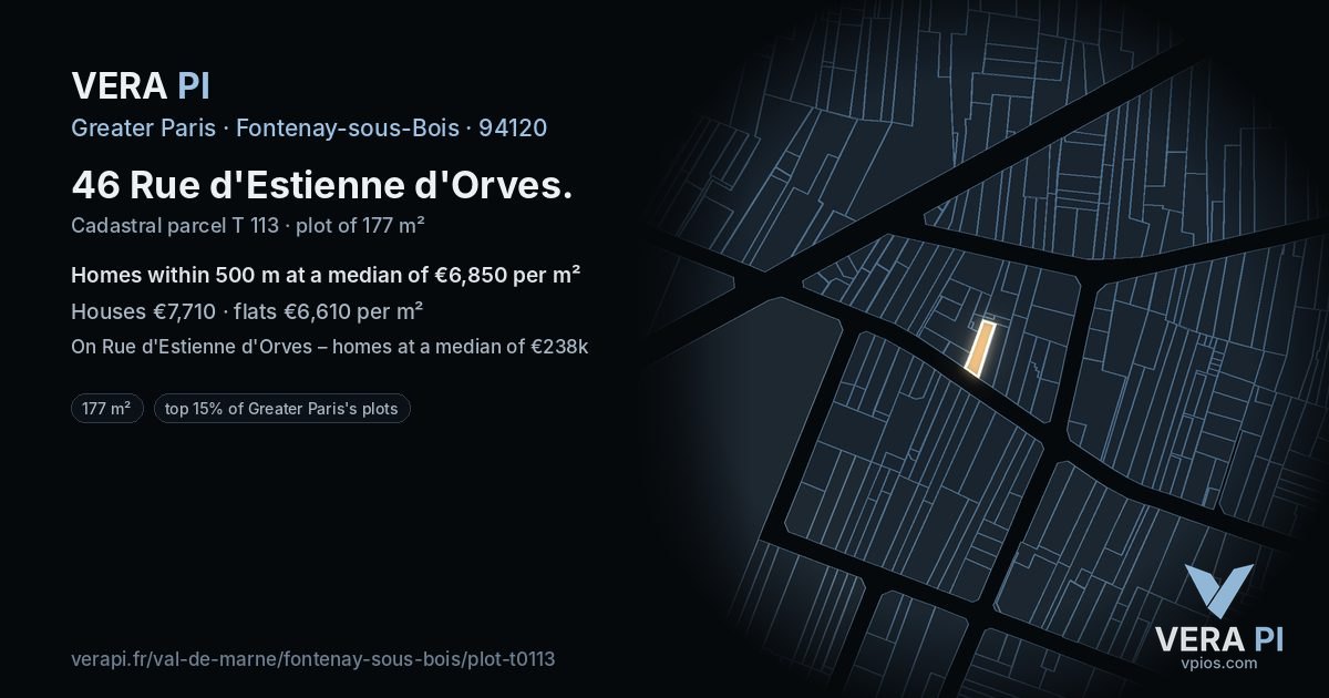 46 Rue d'Estienne d'Orves, Fontenay-sous-Bois at night – the plot lit, the parcels around coloured by the prices near them