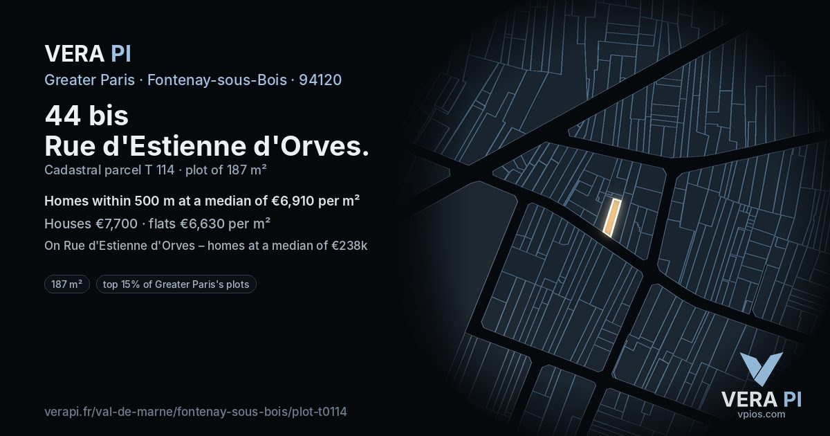 44 bis Rue d'Estienne d'Orves, Fontenay-sous-Bois at night – the plot lit, the parcels around coloured by the prices near them