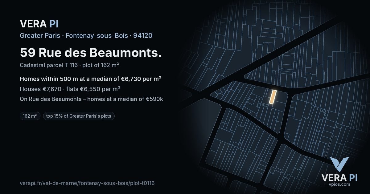 59 Rue des Beaumonts, Fontenay-sous-Bois at night – the plot lit, the parcels around coloured by the prices near them