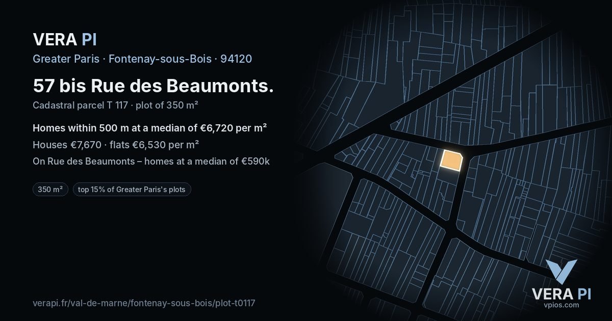 57 bis Rue des Beaumonts, Fontenay-sous-Bois at night – the plot lit, the parcels around coloured by the prices near them
