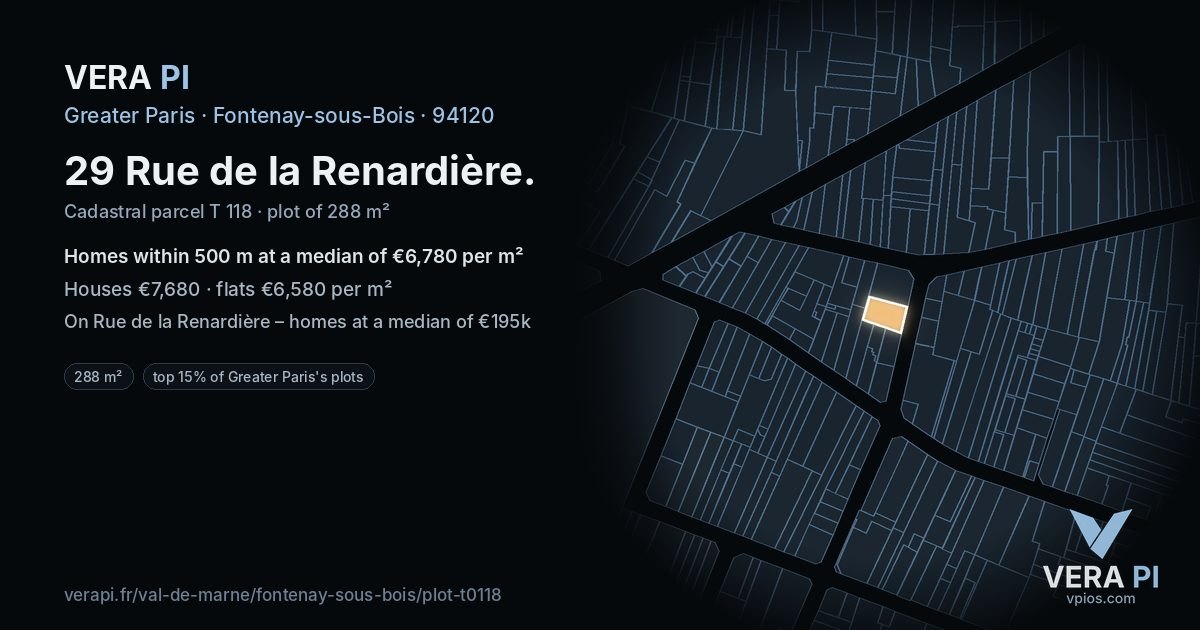 29 Rue de la Renardière, Fontenay-sous-Bois at night – the plot lit, the parcels around coloured by the prices near them