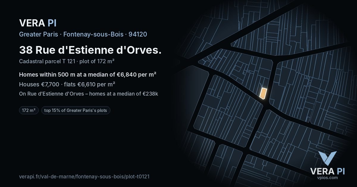 38 Rue d'Estienne d'Orves, Fontenay-sous-Bois at night – the plot lit, the parcels around coloured by the prices near them