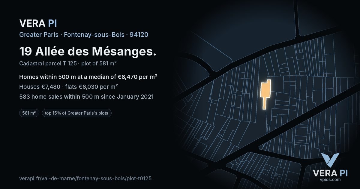 19 Allée des Mésanges, Fontenay-sous-Bois at night – the plot lit, the parcels around coloured by the prices near them