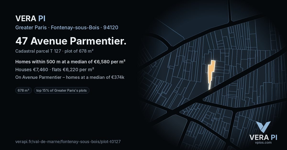 47 Avenue Parmentier, Fontenay-sous-Bois at night – the plot lit, the parcels around coloured by the prices near them