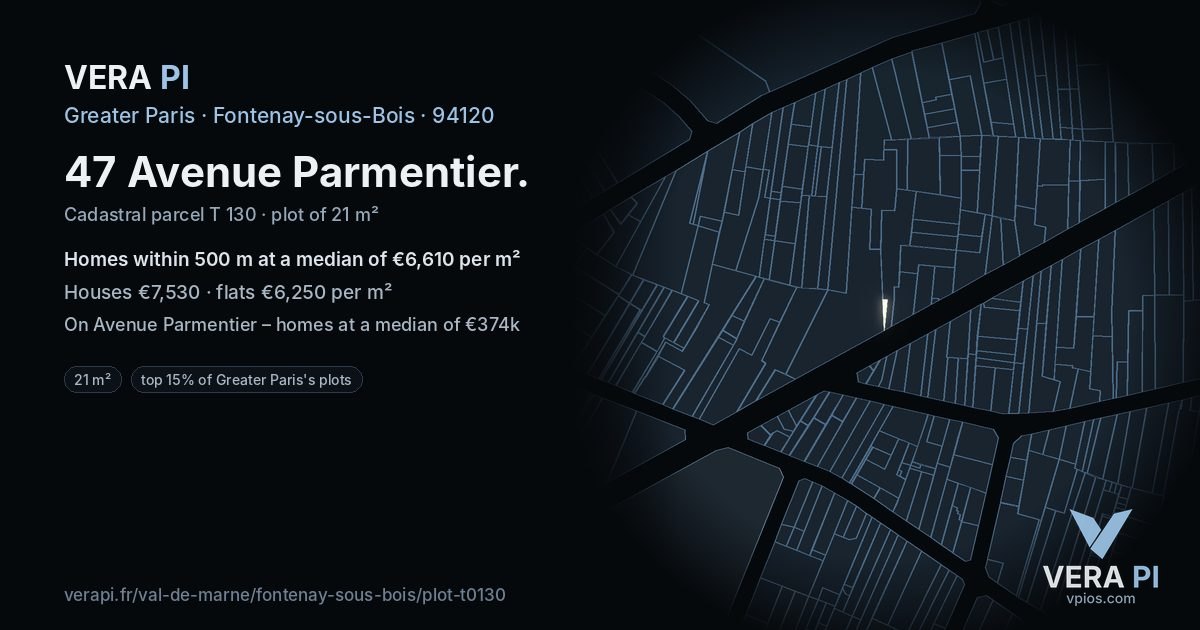 47 Avenue Parmentier, Fontenay-sous-Bois at night – the plot lit, the parcels around coloured by the prices near them