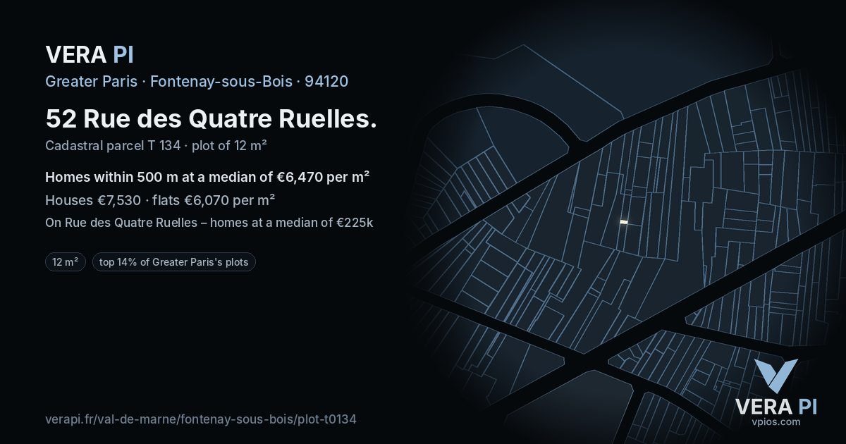 52 Rue des Quatre Ruelles, Fontenay-sous-Bois at night – the plot lit, the parcels around coloured by the prices near them
