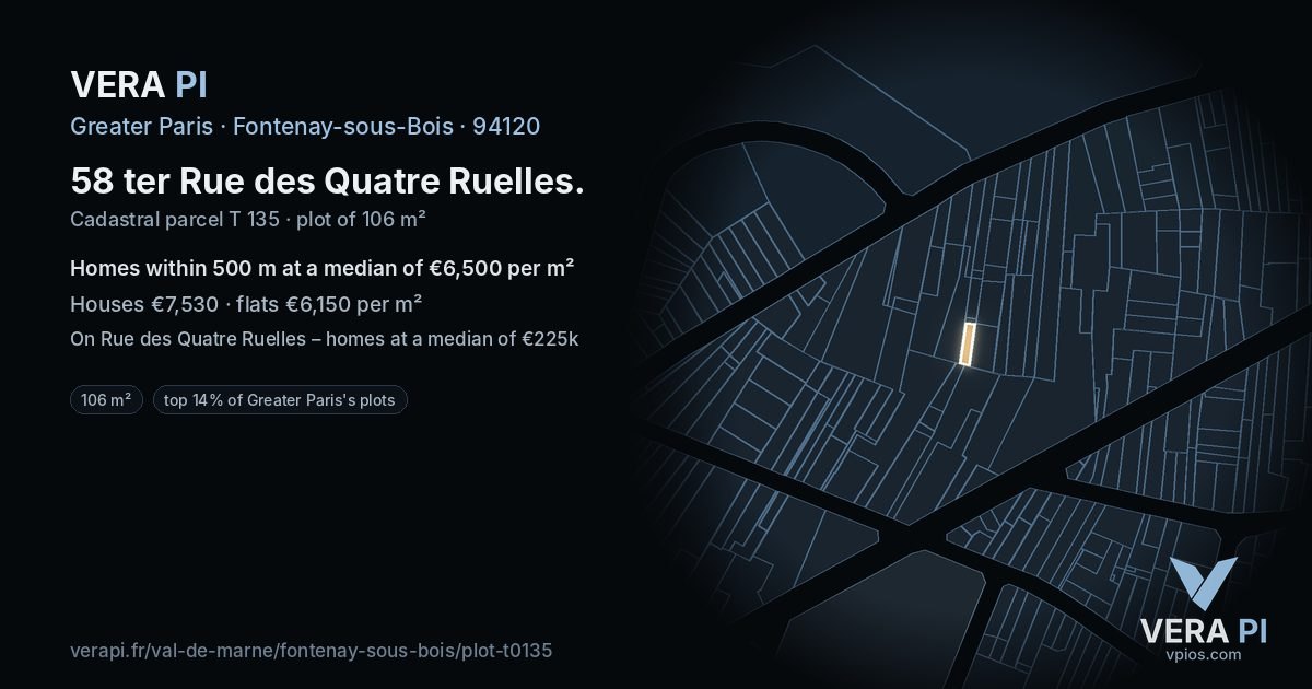 58 ter Rue des Quatre Ruelles, Fontenay-sous-Bois at night – the plot lit, the parcels around coloured by the prices near them