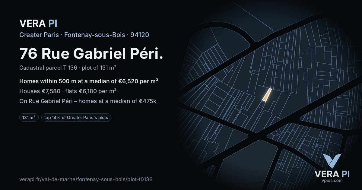 76 Rue Gabriel Péri, Fontenay-sous-Bois at night – the plot lit, the parcels around coloured by the prices near them