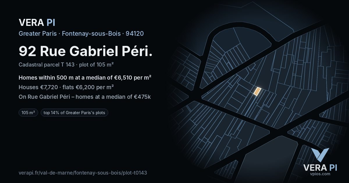 92 Rue Gabriel Péri, Fontenay-sous-Bois at night – the plot lit, the parcels around coloured by the prices near them