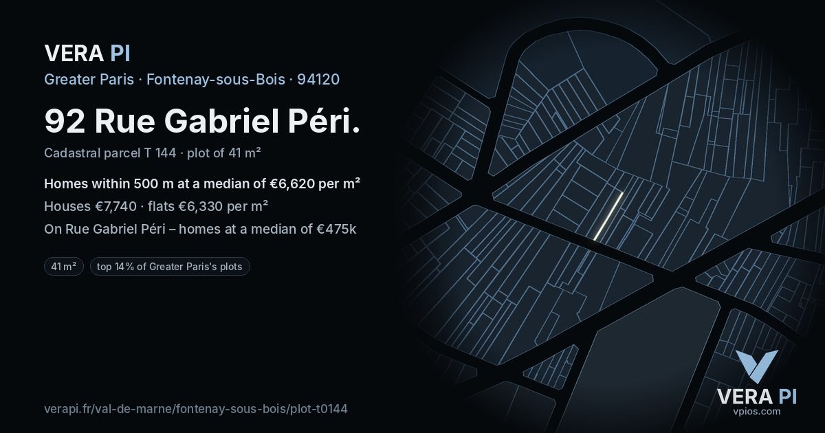92 Rue Gabriel Péri, Fontenay-sous-Bois at night – the plot lit, the parcels around coloured by the prices near them
