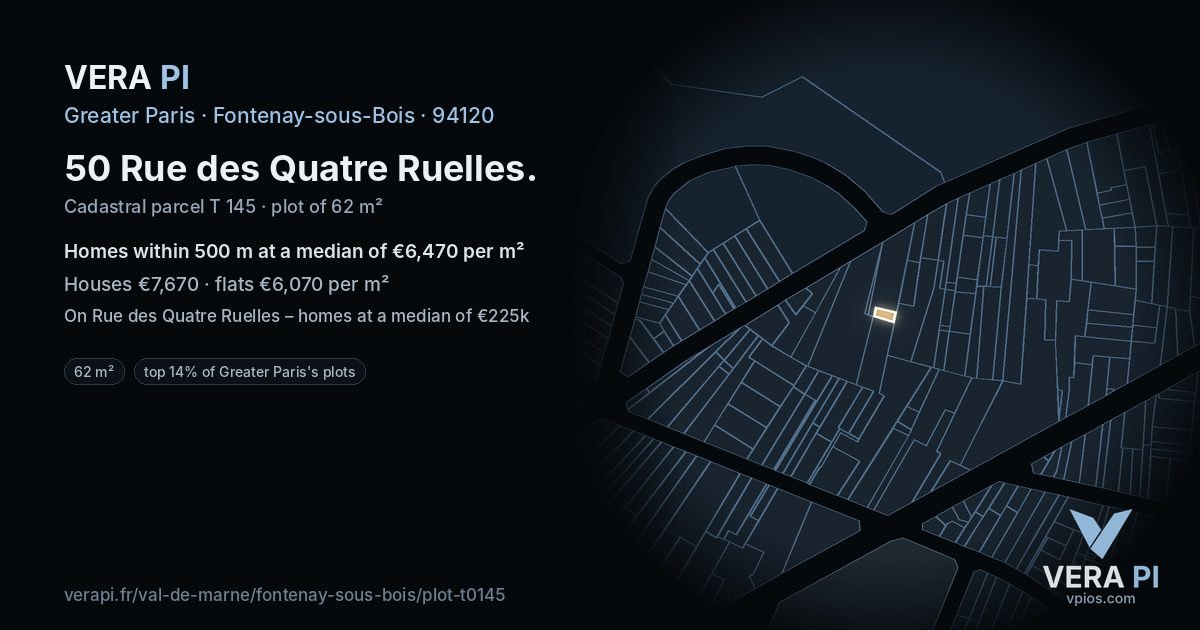 50 Rue des Quatre Ruelles, Fontenay-sous-Bois at night – the plot lit, the parcels around coloured by the prices near them