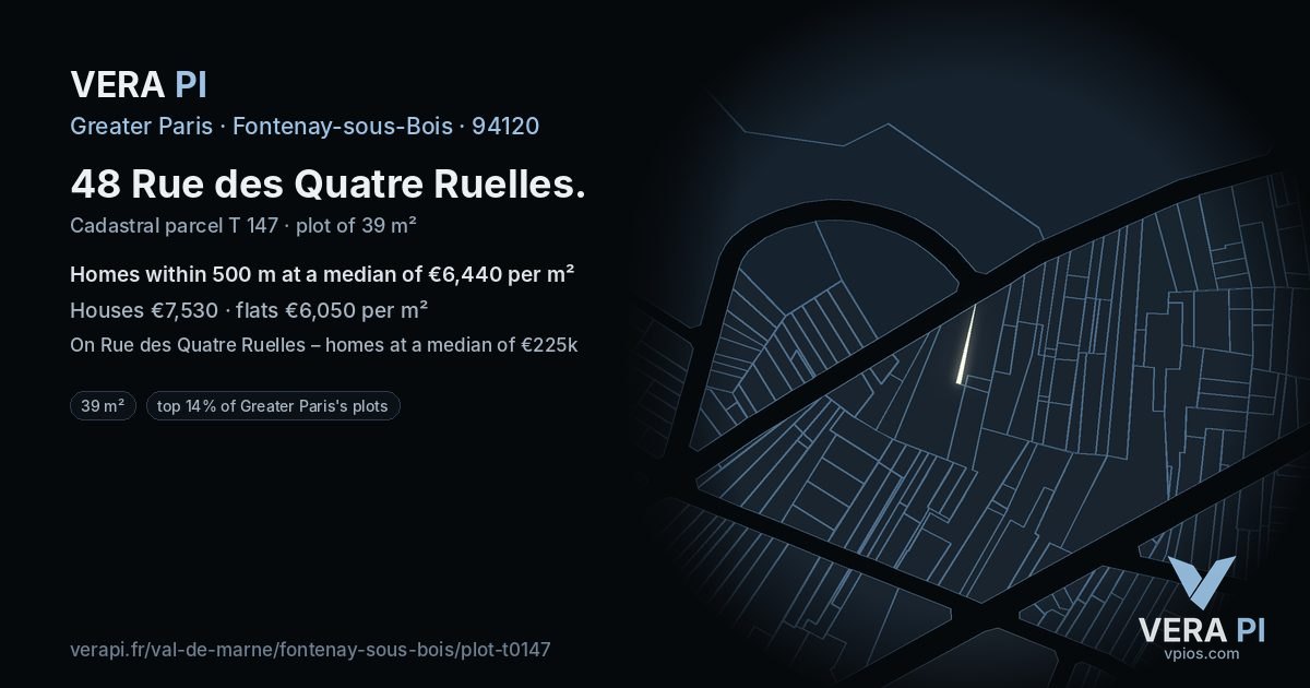 48 Rue des Quatre Ruelles, Fontenay-sous-Bois at night – the plot lit, the parcels around coloured by the prices near them