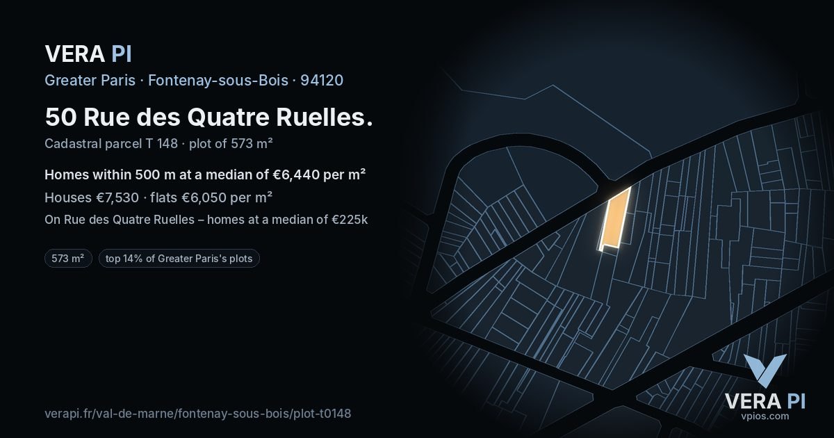 50 Rue des Quatre Ruelles, Fontenay-sous-Bois at night – the plot lit, the parcels around coloured by the prices near them