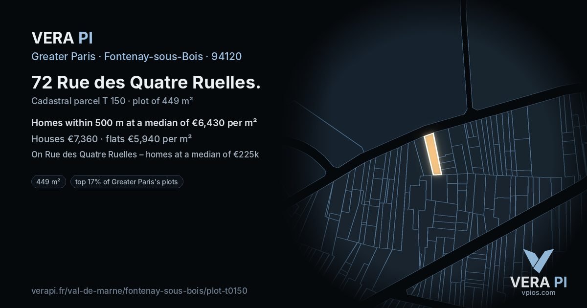 72 Rue des Quatre Ruelles, Fontenay-sous-Bois at night – the plot lit, the parcels around coloured by the prices near them