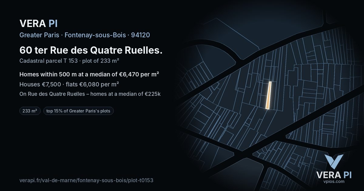60 ter Rue des Quatre Ruelles, Fontenay-sous-Bois at night – the plot lit, the parcels around coloured by the prices near them