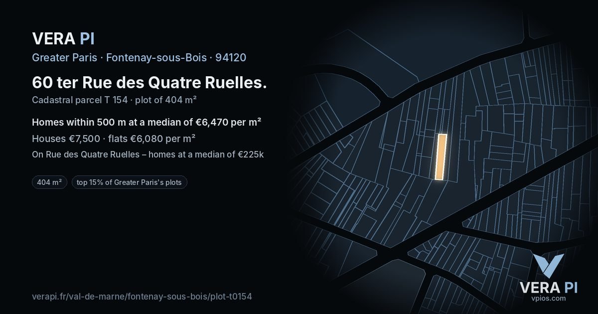 60 ter Rue des Quatre Ruelles, Fontenay-sous-Bois at night – the plot lit, the parcels around coloured by the prices near them