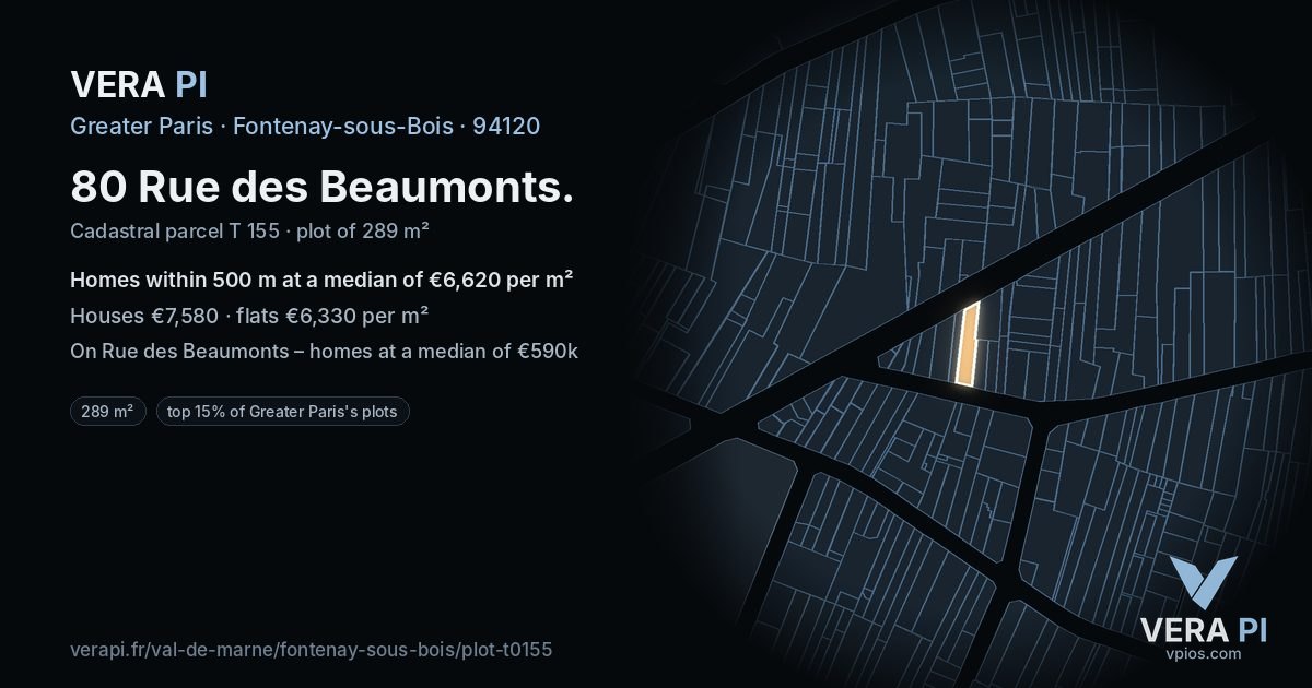 80 Rue des Beaumonts, Fontenay-sous-Bois at night – the plot lit, the parcels around coloured by the prices near them