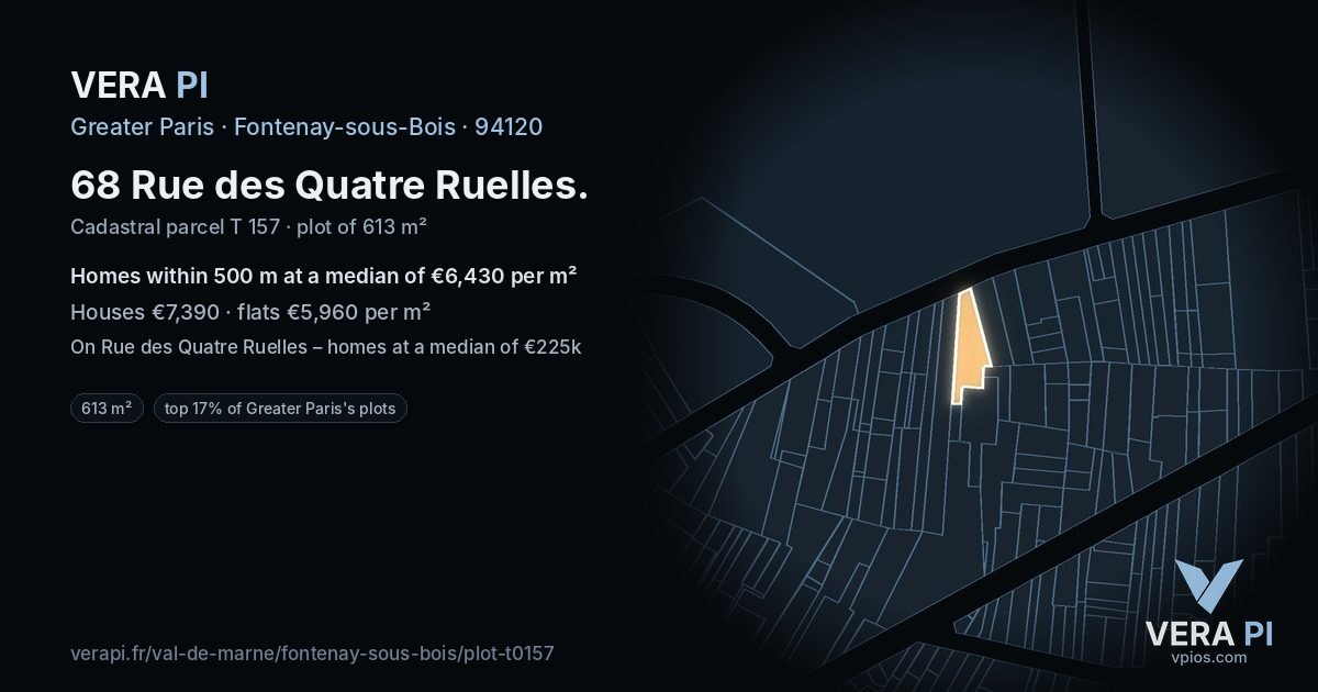 68 Rue des Quatre Ruelles, Fontenay-sous-Bois at night – the plot lit, the parcels around coloured by the prices near them
