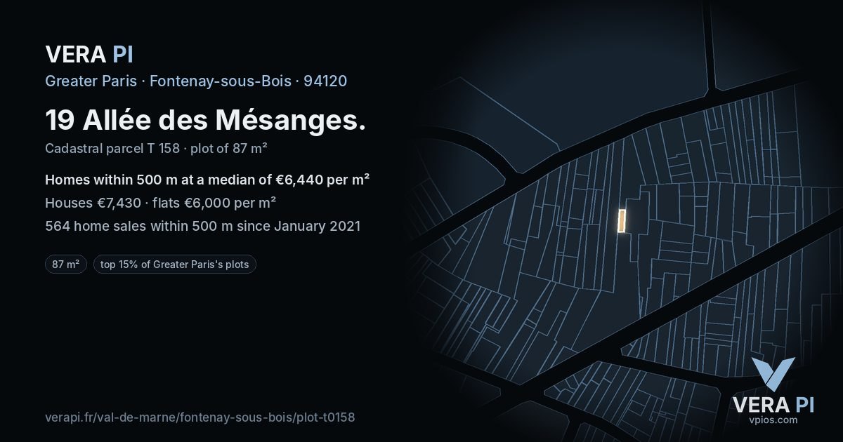 19 Allée des Mésanges, Fontenay-sous-Bois at night – the plot lit, the parcels around coloured by the prices near them