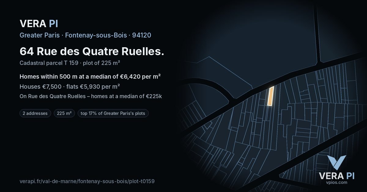 64 Rue des Quatre Ruelles, Fontenay-sous-Bois at night – the plot lit, the parcels around coloured by the prices near them