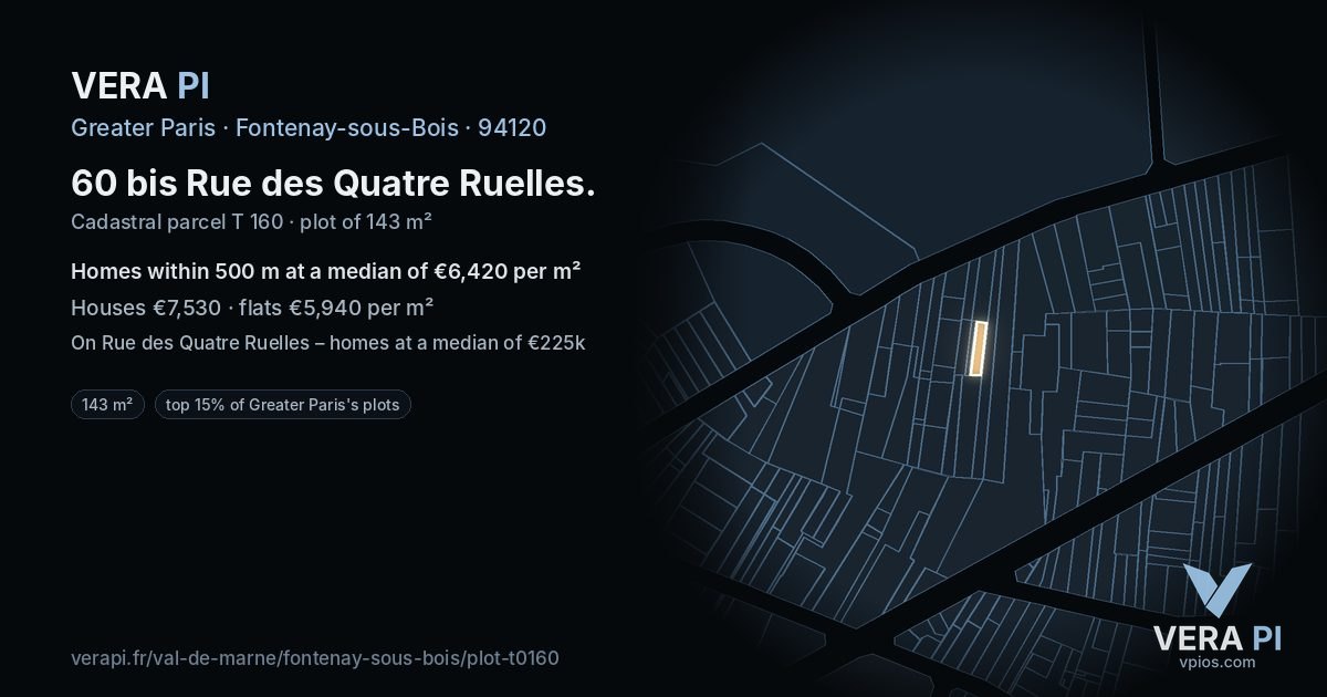 60 bis Rue des Quatre Ruelles, Fontenay-sous-Bois at night – the plot lit, the parcels around coloured by the prices near them
