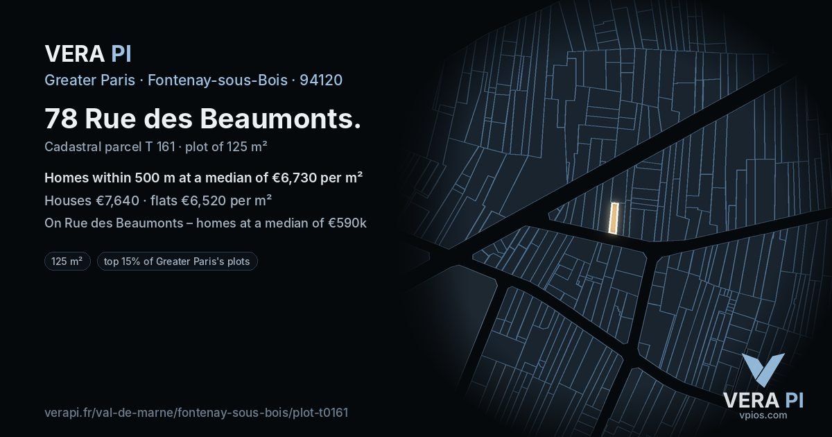 78 Rue des Beaumonts, Fontenay-sous-Bois at night – the plot lit, the parcels around coloured by the prices near them