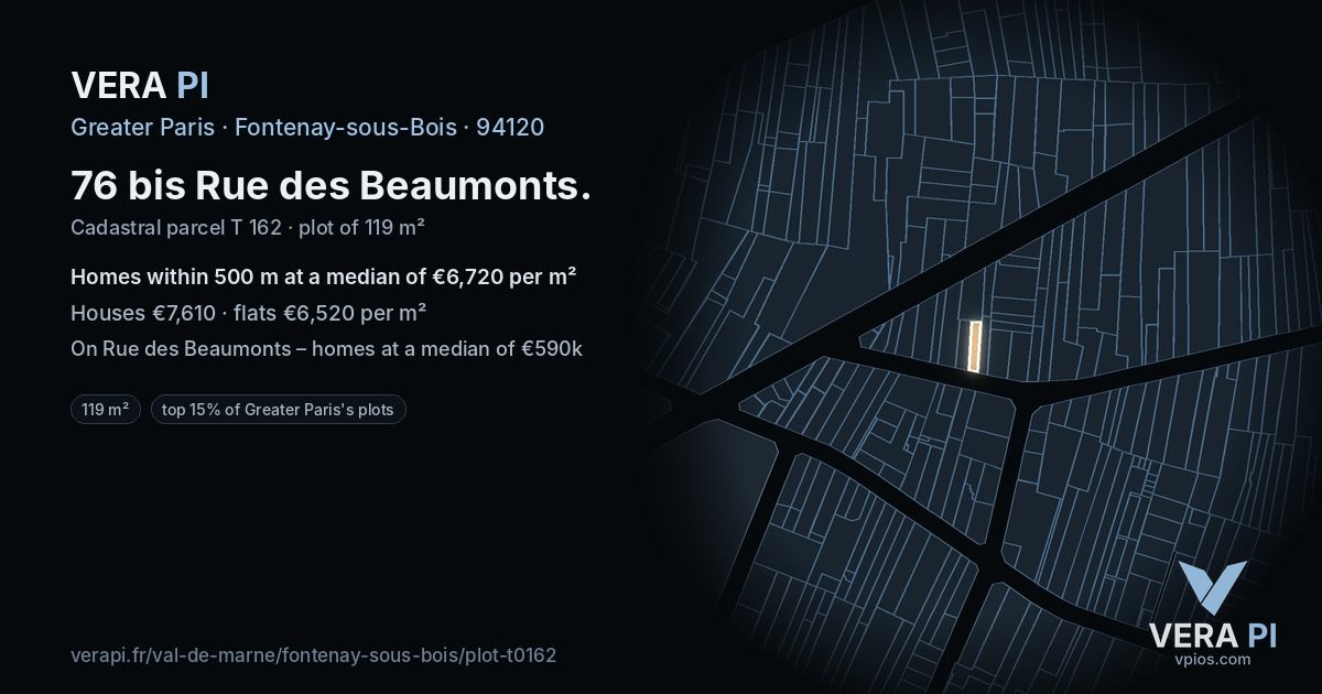76 bis Rue des Beaumonts, Fontenay-sous-Bois at night – the plot lit, the parcels around coloured by the prices near them
