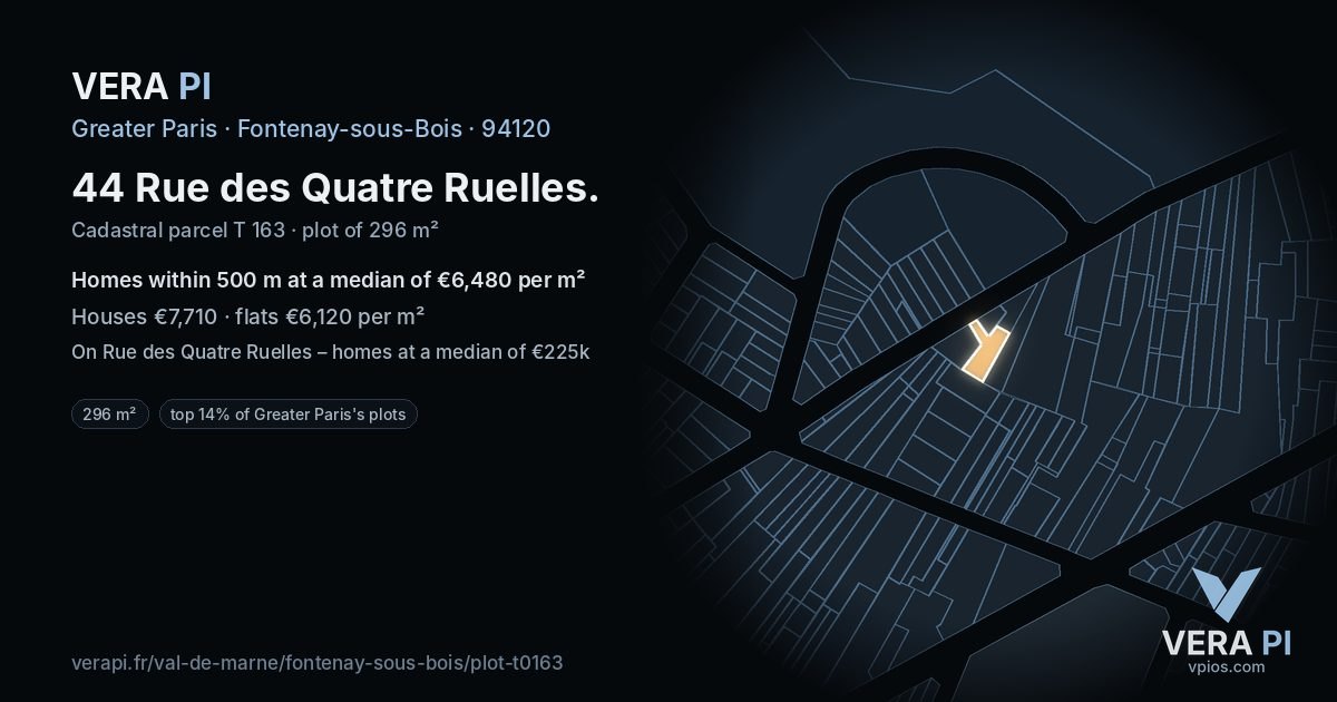 44 Rue des Quatre Ruelles, Fontenay-sous-Bois at night – the plot lit, the parcels around coloured by the prices near them