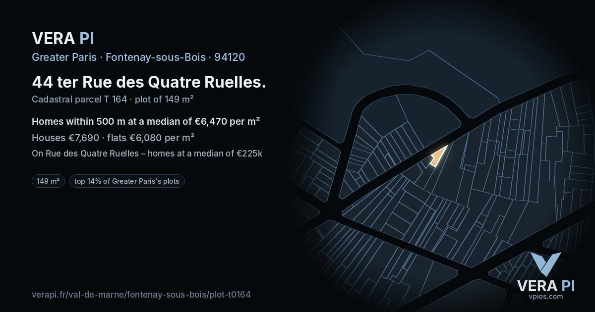 44 ter Rue des Quatre Ruelles, Fontenay-sous-Bois at night – the plot lit, the parcels around coloured by the prices near them