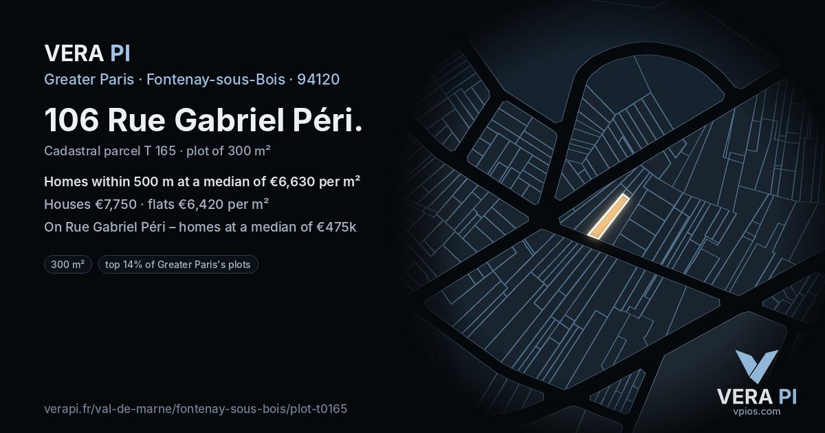106 Rue Gabriel Péri, Fontenay-sous-Bois at night – the plot lit, the parcels around coloured by the prices near them