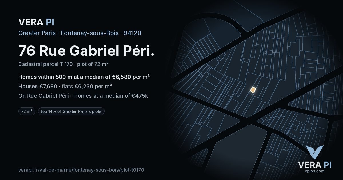 76 Rue Gabriel Péri, Fontenay-sous-Bois at night – the plot lit, the parcels around coloured by the prices near them