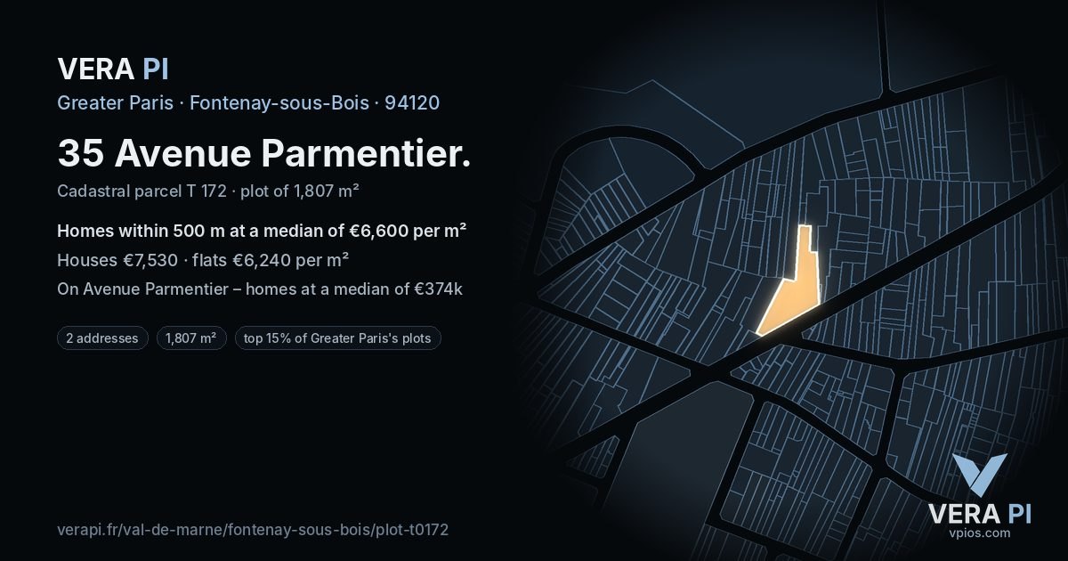 35 Avenue Parmentier, Fontenay-sous-Bois at night – the plot lit, the parcels around coloured by the prices near them