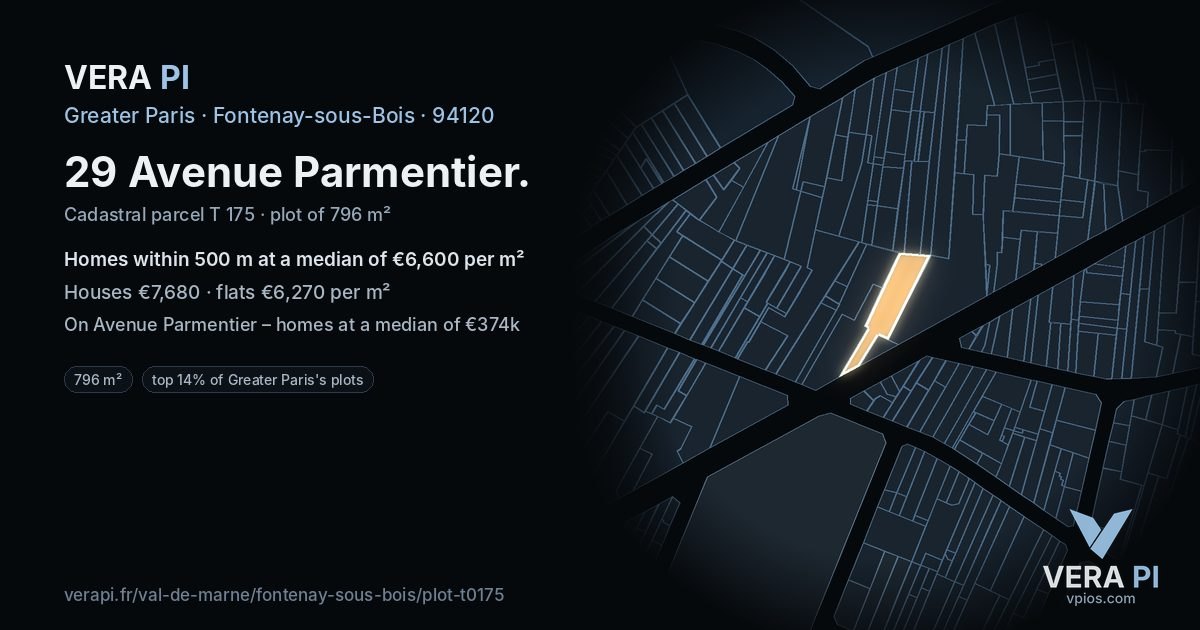 29 Avenue Parmentier, Fontenay-sous-Bois at night – the plot lit, the parcels around coloured by the prices near them