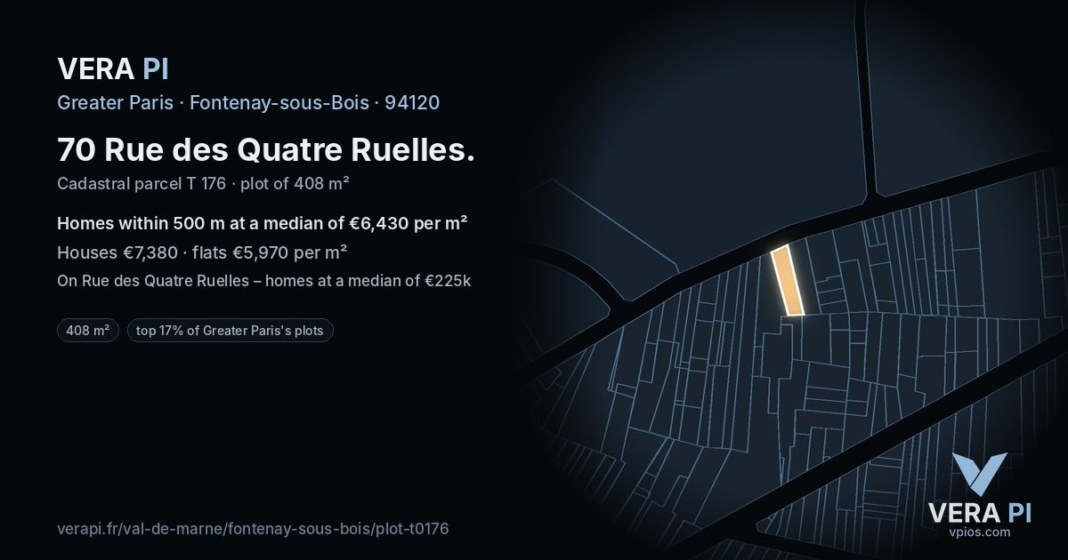 70 Rue des Quatre Ruelles, Fontenay-sous-Bois at night – the plot lit, the parcels around coloured by the prices near them