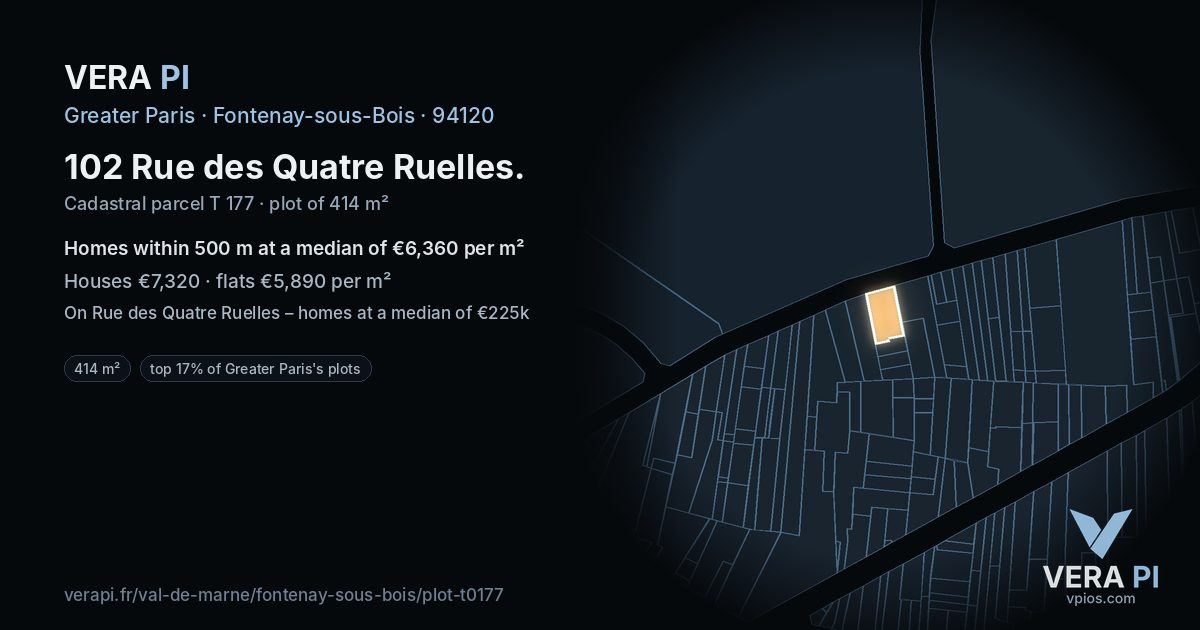 102 Rue des Quatre Ruelles, Fontenay-sous-Bois at night – the plot lit, the parcels around coloured by the prices near them