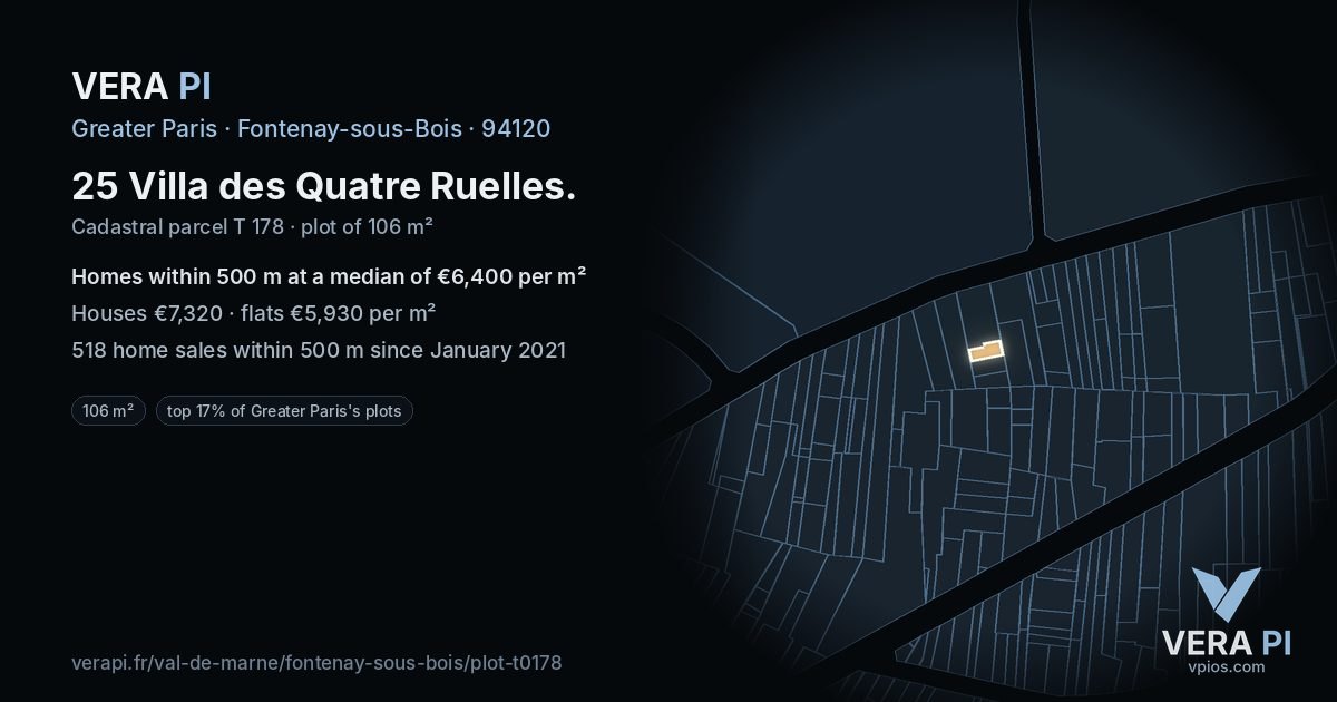 25 Villa des Quatre Ruelles, Fontenay-sous-Bois at night – the plot lit, the parcels around coloured by the prices near them