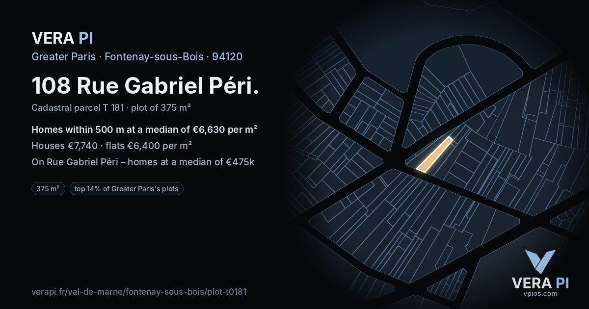 108 Rue Gabriel Péri, Fontenay-sous-Bois at night – the plot lit, the parcels around coloured by the prices near them